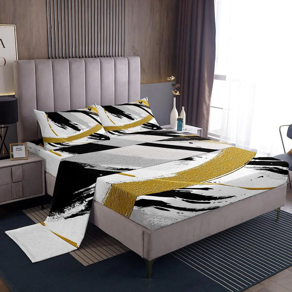 Erosebridal Black Grey Gold Bed Set Brush Strokes Oil Painting Bed Sheets Set Gradient Abstract Vintage Sheet Set King Ombre Graffiti Sheets Contemporary Modern Top Sheet