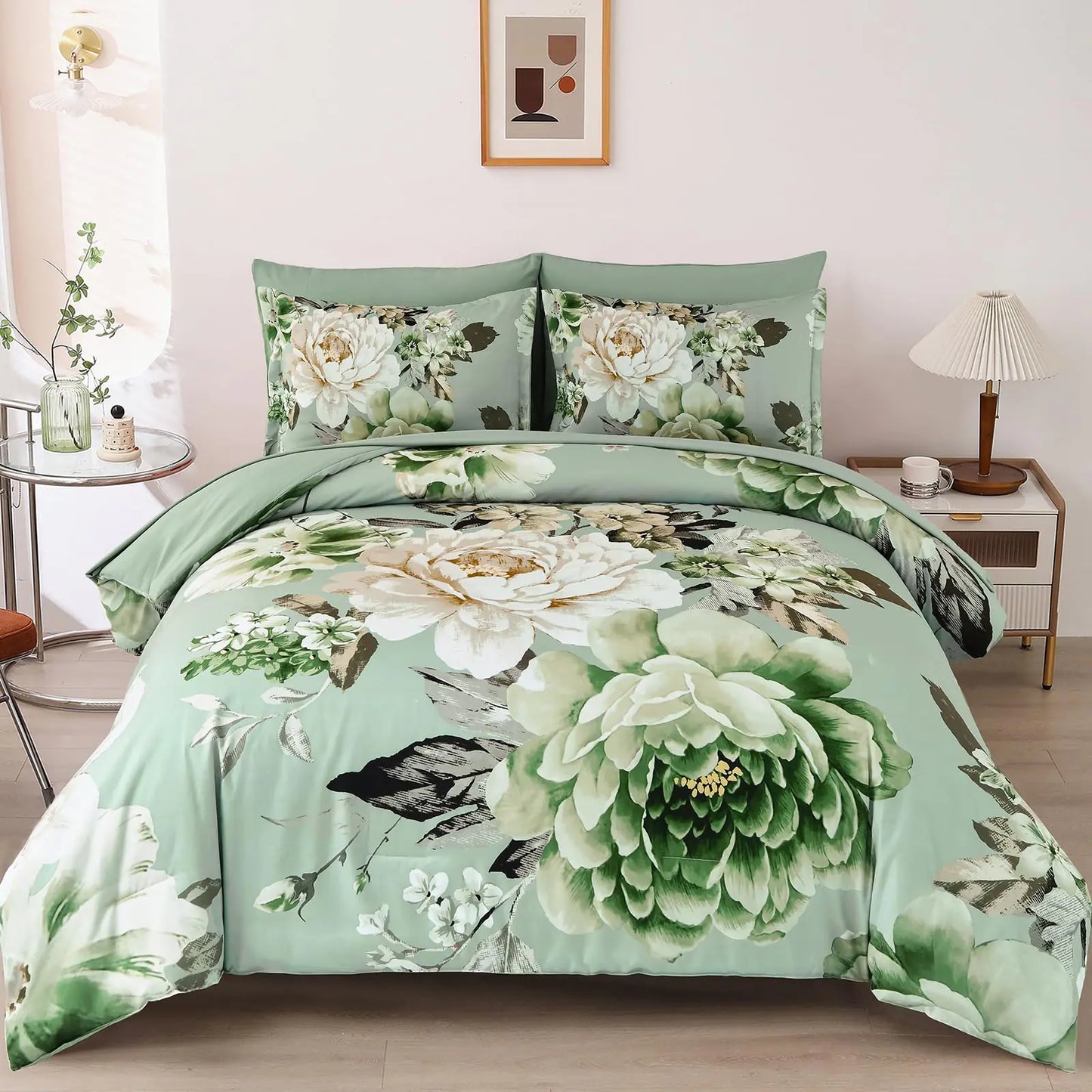 Dintszyayue Queen Sage Green Comforter Set7 Pieces Green Floral Bed in a Bad Elegant Flower Print Bedding Set Soft Microfiber Bed Set for All Season with Flat Sheet Fitted Sheets Pillowcases&Shams