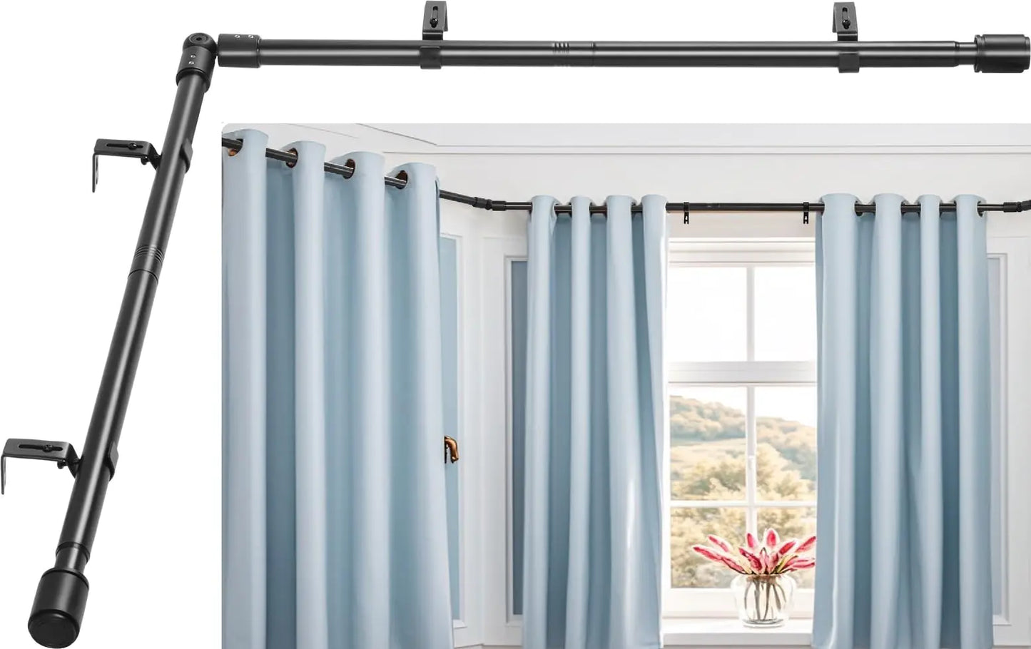 Anndason Heavy Duty 1 Inch Corner Curtain Rods Set 30-87 Inch Corner Curtain Rod for Windows L Shaped Curtain Rods Corner Window Curtain Rods Set (Black)