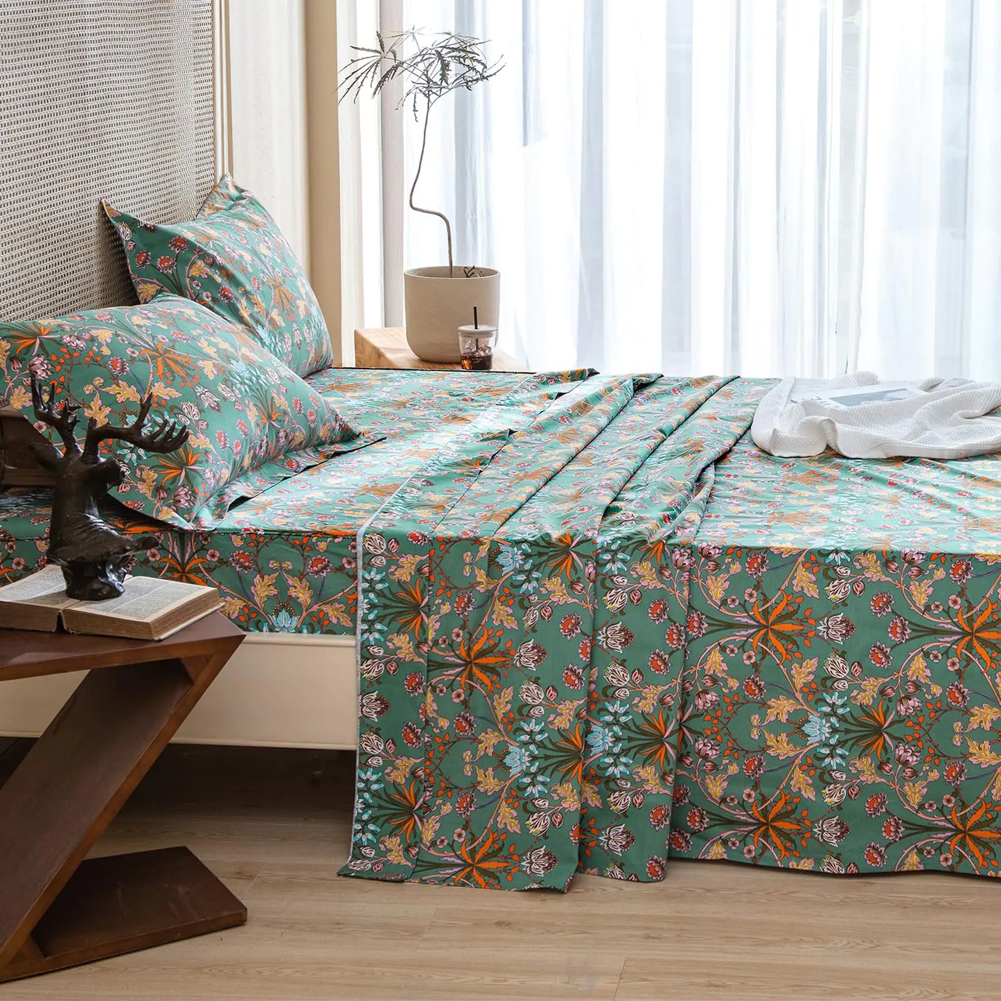 QSH 100% Cotton Sheets Queen Size Bed Floral Plant Pattern Botanical Luxury Cotton Printed Floral Sheets Size Sets Extra Soft and Breathable 4pcs Deep Pockets Bedding Sheets