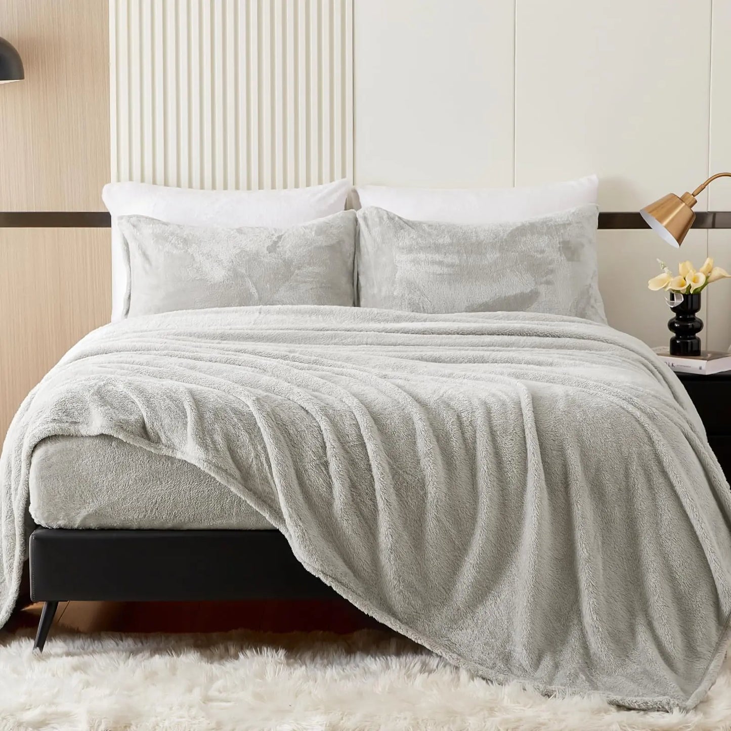 YIYEA Faux Fur Queen Sheet Set - Luxury Ultra Soft Fleece Sheets for Queen Size Bed - Fluffy Shaggy Sheets Plush Bed Sheets - 16" Deep Pocket - Cozy Warmth and No Shedding (Light Grey)