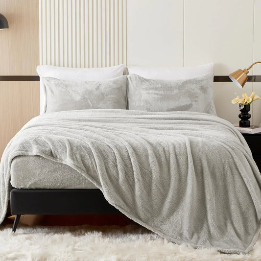 YIYEA Faux Fur Queen Sheet Set - Luxury Ultra Soft Fleece Sheets for Queen Size Bed - Fluffy Shaggy Sheets Plush Bed Sheets - 16" Deep Pocket - Cozy Warmth and No Shedding (Light Grey)