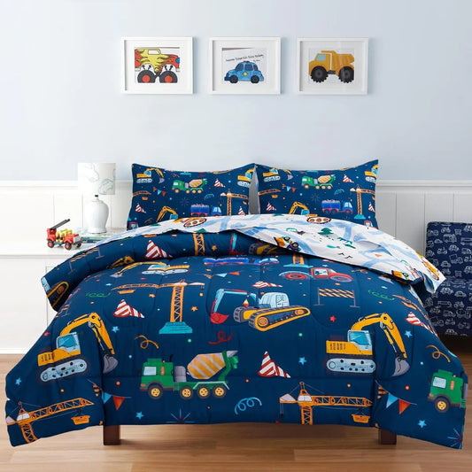 Holawakaka Trucks Tractors Cars Boy Bedding Comforter Set with Sheets Full Size Cartoon Construction Car Excavator Print Kids Bed in A Bag 5-Piece Boys Reversible Dorm Bed Sets (Navy Blue Full)