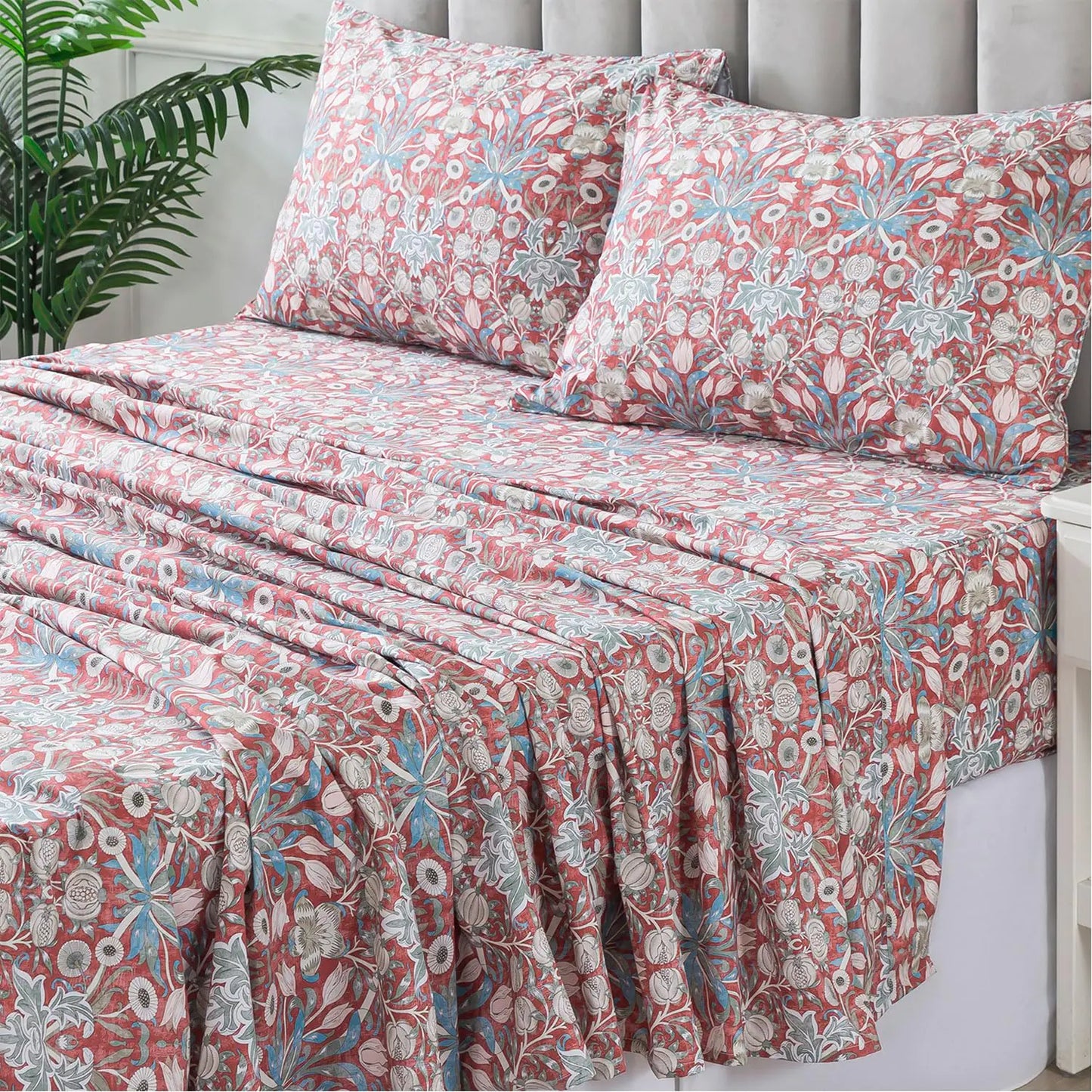 FADFAY Twin Sheet Set 100% Cotton Wine Red Boho Bed Sheets Exotic Sheets Pomegranate Pattern Minimalist Bohemian Bedding Soft Crisp & Cool Luxury Deep Pocket Fitted Sheet 4Pcs