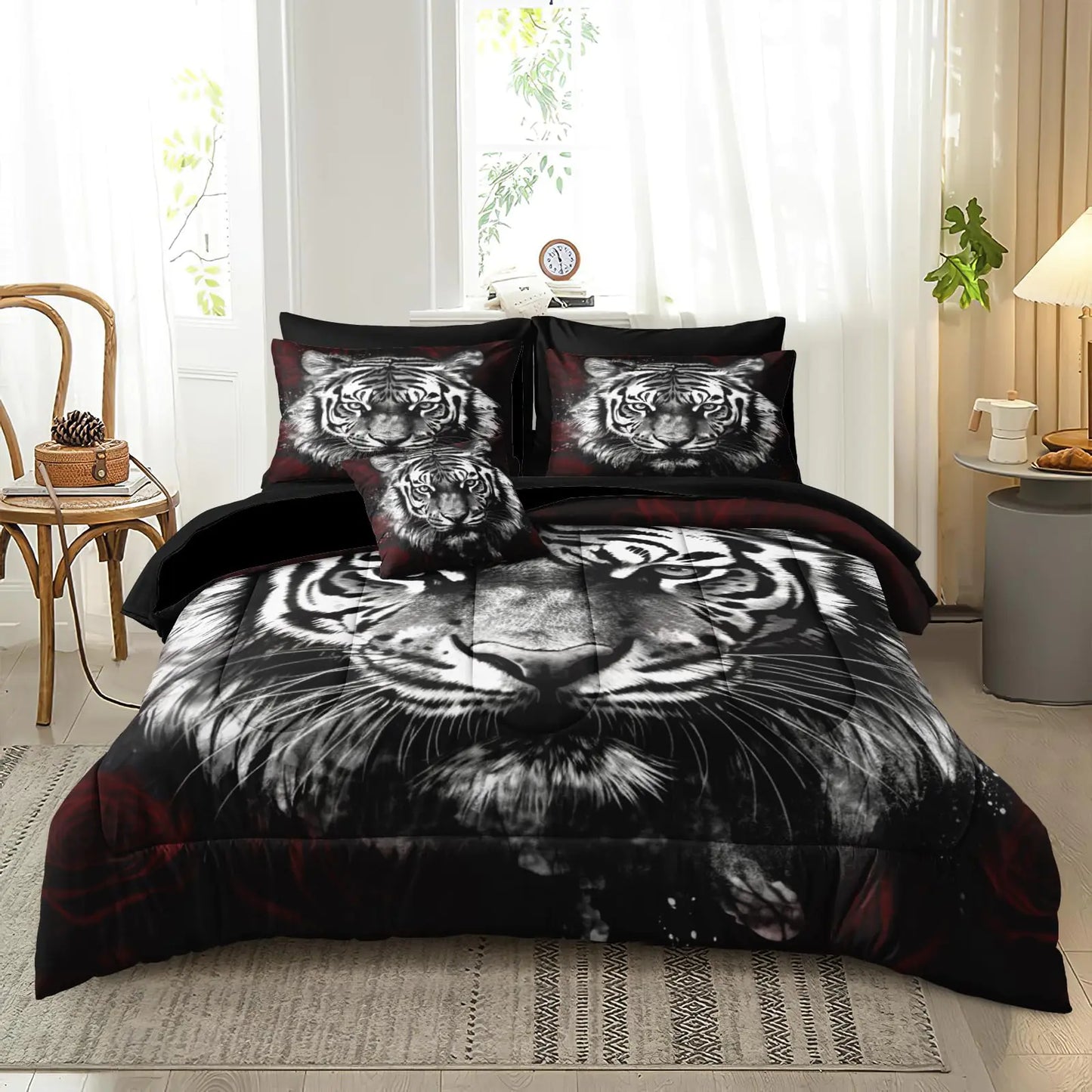 Bedbay Tiger Comforter Set King Size Rose Floral Bedding Set Wild Animal Print 8 Pcs King Size Bed in a Bag Set Boys Teen Room Decor Animal Tiger Bedding Comforter Set with Sheets (TigerKing)