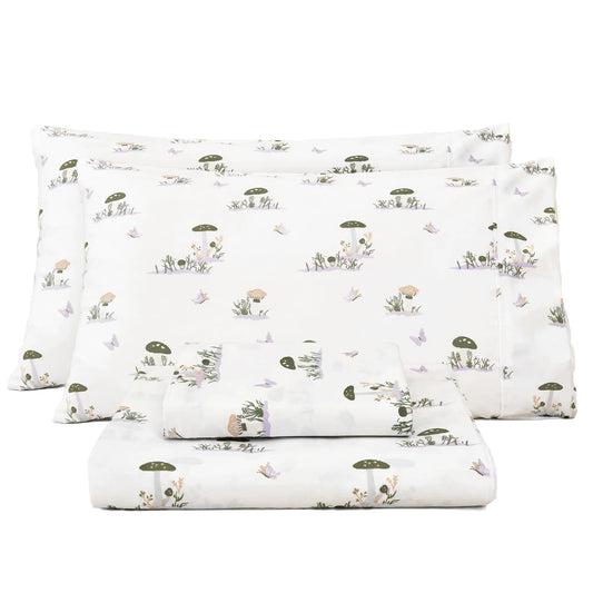 Bedmoon Queen White Mushroom Sheets Butterfly Printed Sheets with Corner Straps Cozy Animal Pattern Bed Sheet Set with Non-Slip Fitted Sheet Soft Microfiber Sheets