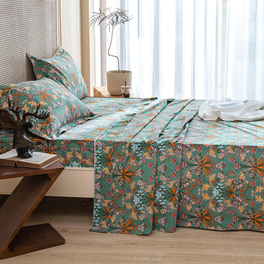 QSH 100% Cotton Sheets Queen Size Bed Floral Plant Pattern Botanical Luxury Cotton Printed Floral Sheets Size Sets Extra Soft and Breathable 4pcs Deep Pockets Bedding Sheets