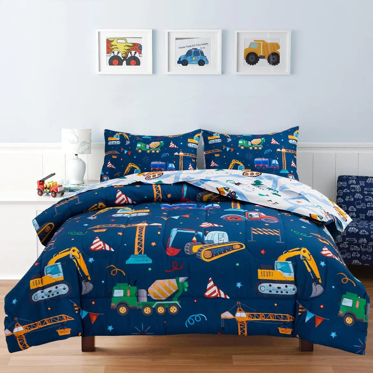 Holawakaka Trucks Tractors Cars Boy Bedding Comforter Set with Sheets Full Size Cartoon Construction Car Excavator Print Kids Bed in A Bag 5-Piece Boys Reversible Dorm Bed Sets (Navy Blue Full)