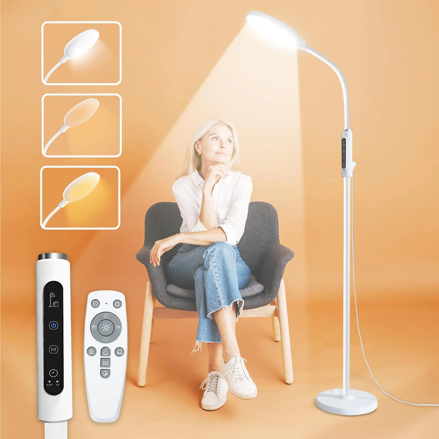 PRIMETEK Happy Light 10000 Lux Mood Lamp Dual Control RemoteTouch Screen Sad Lamp Adjustable LED Floor Lamp UV-Free Sun Light 5 Color Temperatures 10 Brightness Levels Happy Lights