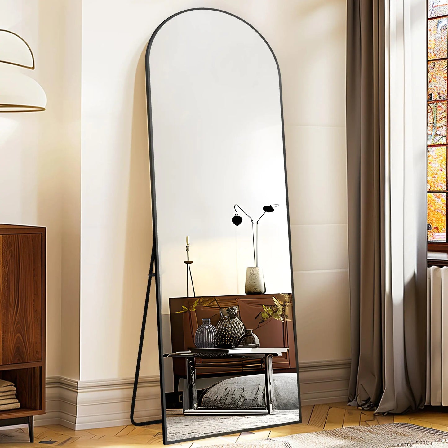 GlasFlength Arched Full Length Mirror with Stand 57"x20" Free-Standing Leaning Wall-Mounted Mirrors Elegant Body Mirror for Living Room Bedroom & Cloakroom Black