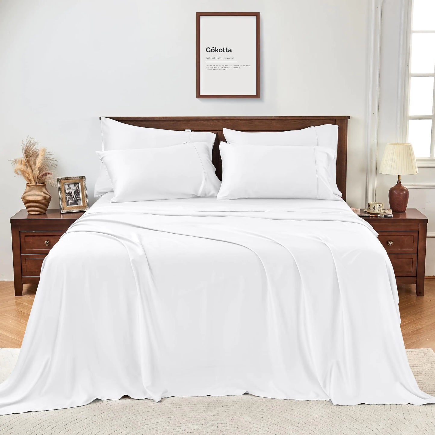 GOKOTTA King Size Luxury Bed Sheets 6 Piece Set 100% Rayon Derived from Bamboo Softer and Cooling Than Cotton 24" Extra Deep Pocket Fitted Sheets with Elastic Corner StrapsBright White