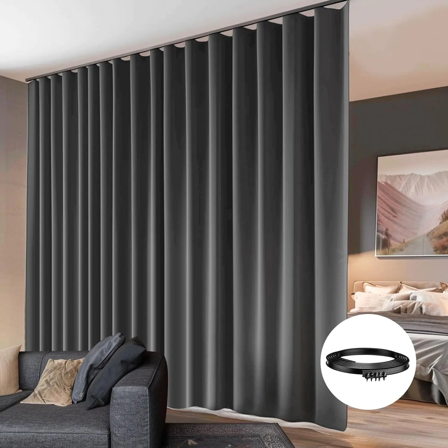 hoeflife Room Dividers Blackout Curtains Track Ceiling Mount Ceiling Track for Curtain Living Room Bedroom Dividers Curtains 1 Panel W150 x H108 Grey Curtain and Black Track x1