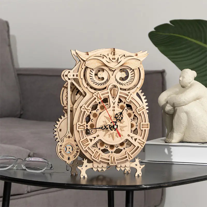 DIY Wooden Mechanical Owl Clock Model for Home Decor