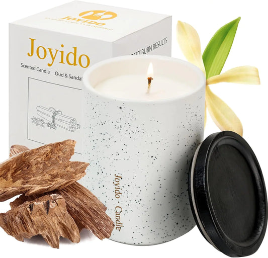 Joyido 14OZ Oud & Sandalwood Scented Candle - Aromatherapy Candles with Lid - Soy Candles for Home Scented - Luxury Ceramic Jar Candles for Bedroom Kitchen Home Decor Housewarming Party