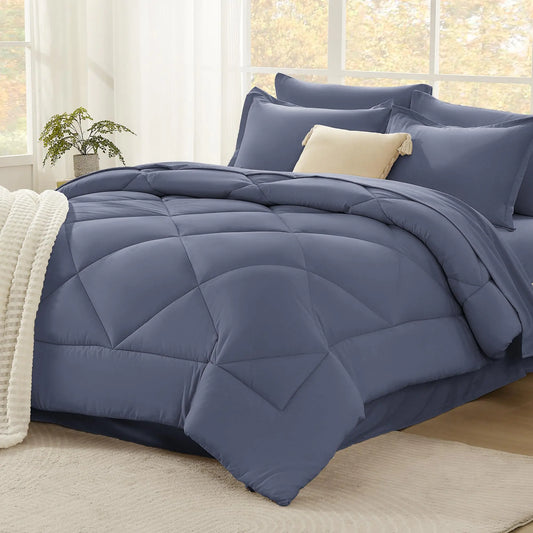 Litanika Dark Blue Grey King Size Comforter Set with Sheets - 7 Pieces Bed in a Bag King Beddding Sets Solid Lightweight Reversible Bed Set with Comforter Sheets Pillowcases & Shams