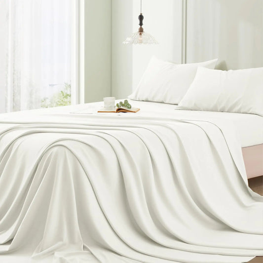 Vonty Twin Bed Sheet Rayon Derived from Bamboo Sheets Twin Size Bed Set White Twin Sheet Set Luxury & Cooling Sheets - Hotel Silky Sheets with Deep Pocket 3 Pieces