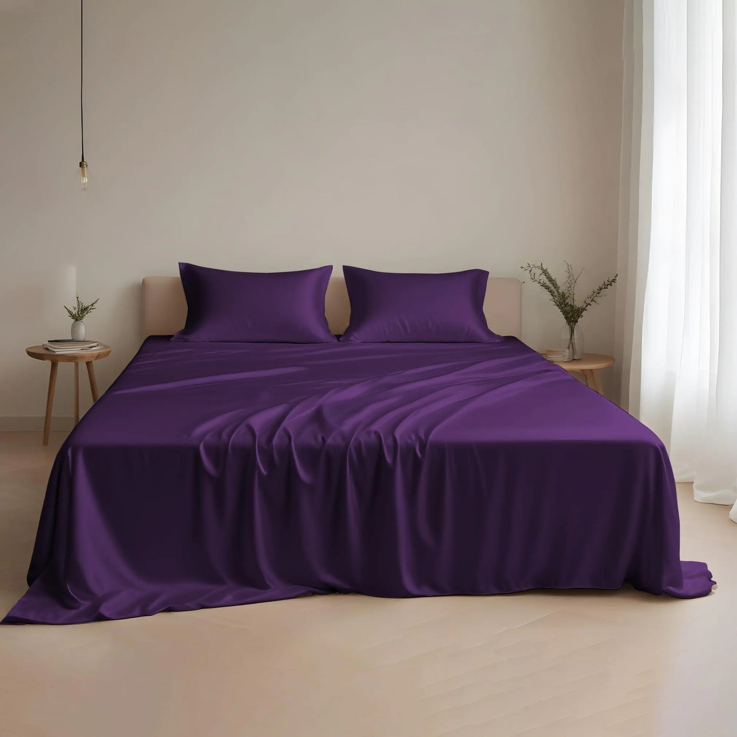Linenwalas King Size Sheets Set 100% Tencel Lyocell Sheets Set – Cooling Bed Sheets Set Luxuriously Soft and Silky Deep Pocket Up to 16" Breathable Moisture Wicking Eucalyptus Sheets (Aubergine)