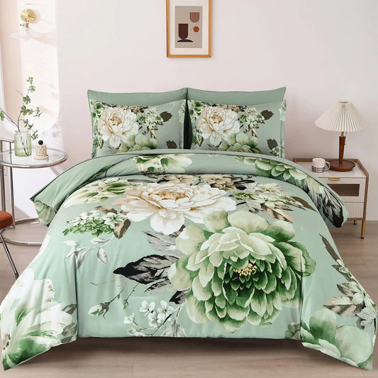 Dintszyayue Queen Sage Green Comforter Set7 Pieces Green Floral Bed in a Bad Elegant Flower Print Bedding Set Soft Microfiber Bed Set for All Season with Flat Sheet Fitted Sheets Pillowcases&Shams