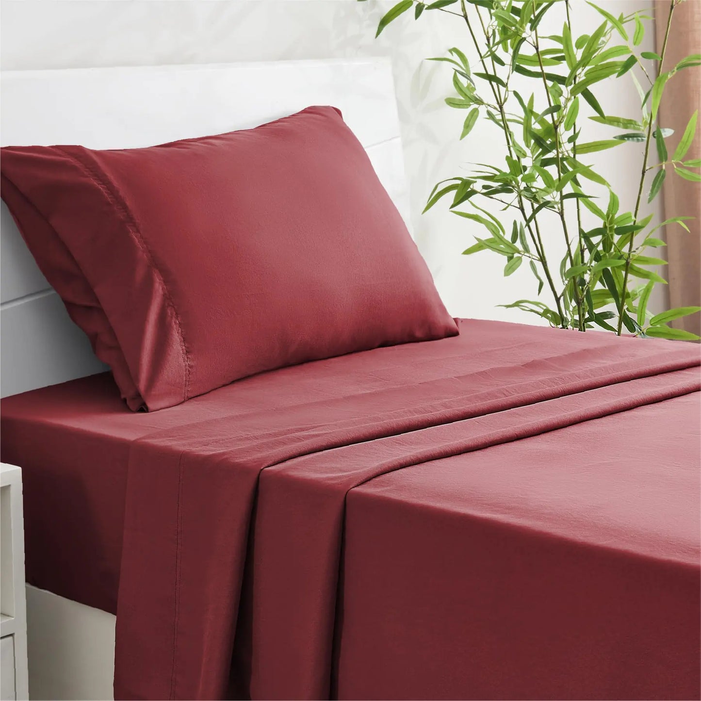 INFIIXSO Twin Sheets Set Burgundy - 65% Polyester & 35% Rayon Made from Bamboo Silky Bed Sheets Deep Pockets Fits up to 15" Breathable Wrinkle Free and Soft Twin Sheet & Pillowcase Sets
