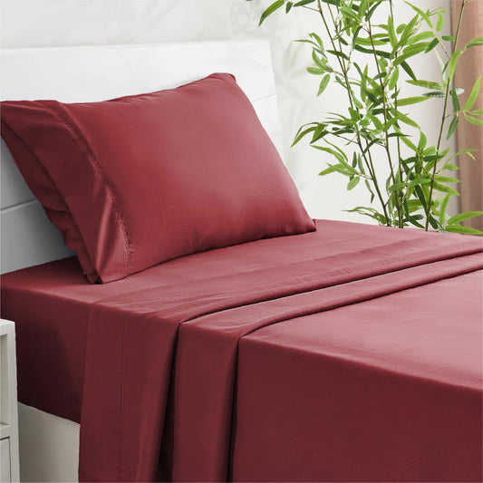 INFIIXSO Twin Sheets Set Burgundy - 65% Polyester & 35% Rayon Made from Bamboo Silky Bed Sheets Deep Pockets Fits up to 15" Breathable Wrinkle Free and Soft Twin Sheet & Pillowcase Sets