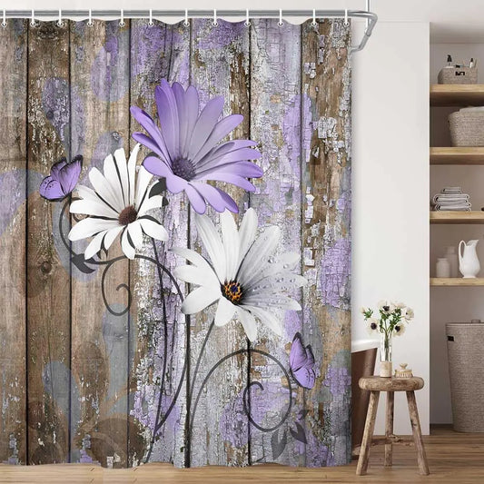 JAWO Farmhouse Flower Floral Shower Curtain Rustic Purple Daisy Shower Curtain Set Country Purple Wild Garden Plant Fabric Shower Curtain with Hooks Brown Wooden Board Bathroom Curtain 69x70inch