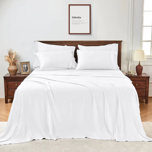 GOKOTTA King Size Luxury Bed Sheets 6 Piece Set 100% Rayon Derived from Bamboo Softer and Cooling Than Cotton 24" Extra Deep Pocket Fitted Sheets with Elastic Corner StrapsBright White