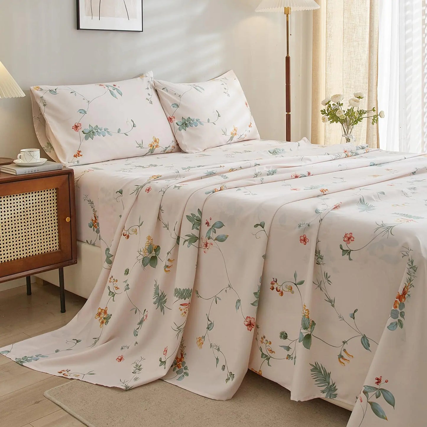 Floral Bedding King Size Bed Sheet Set - Luxury Cooling Sheet Pink Floral Bed Sheet Set - Deep Pocket up to 16"Breathable Soft Bed Sheets KingAll Season Sheets for King Bed