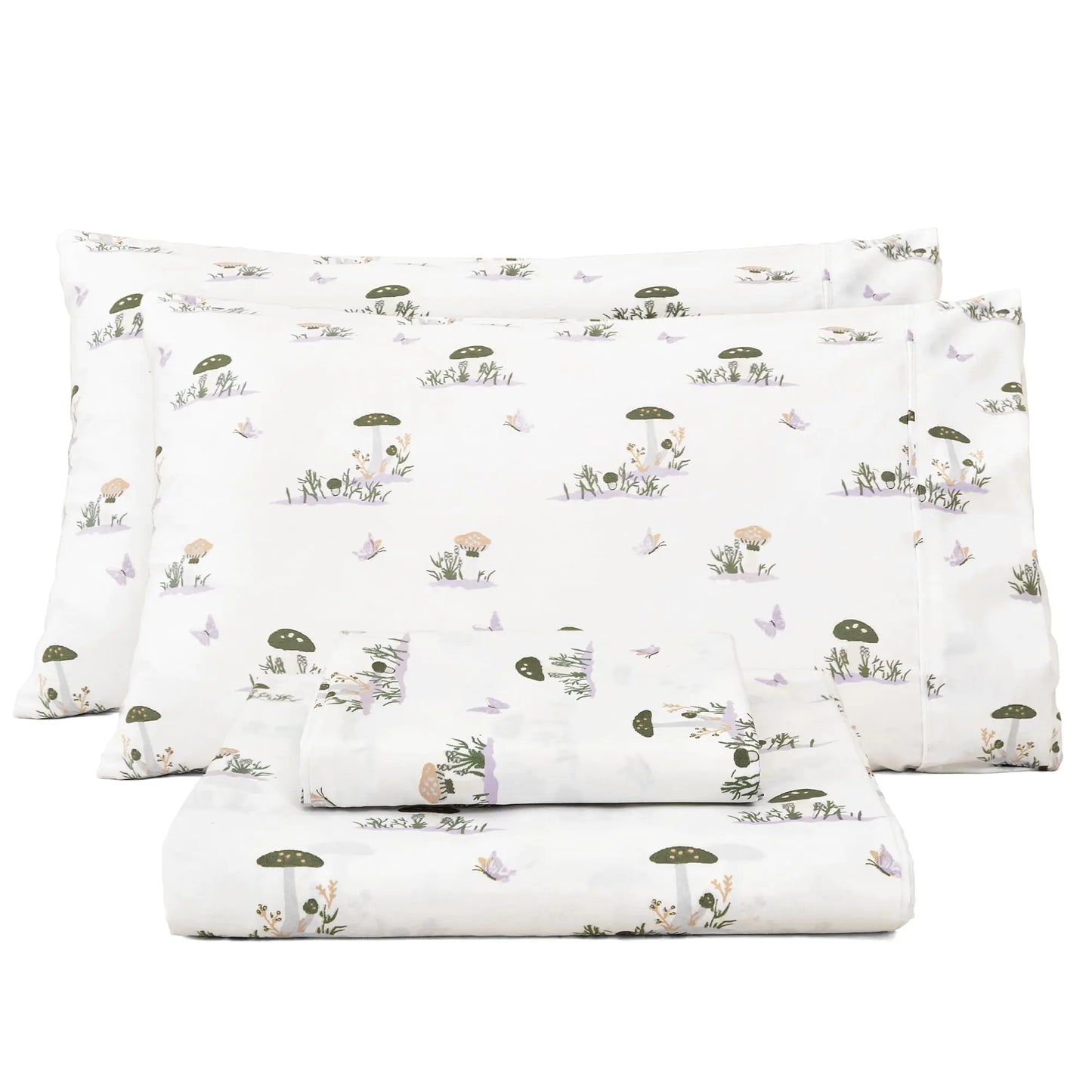 Bedmoon Queen White Mushroom Sheets Butterfly Printed Sheets with Corner Straps Cozy Animal Pattern Bed Sheet Set with Non-Slip Fitted Sheet Soft Microfiber Sheets