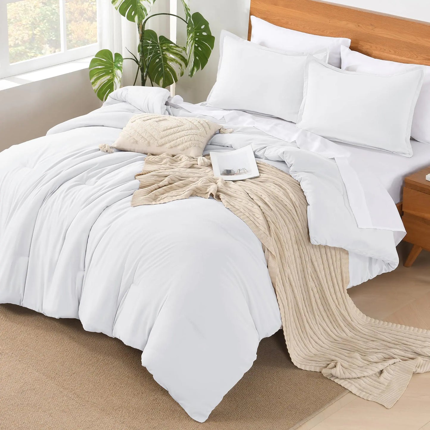 Andency White California King Comforter Set - 7 Pieces Bed in a Bag Cal King Bedding Comforter Sets Summer Solid Soft Lightweight Comforter with Fitted Sheets Flat Sheets Pillowcases & Shams