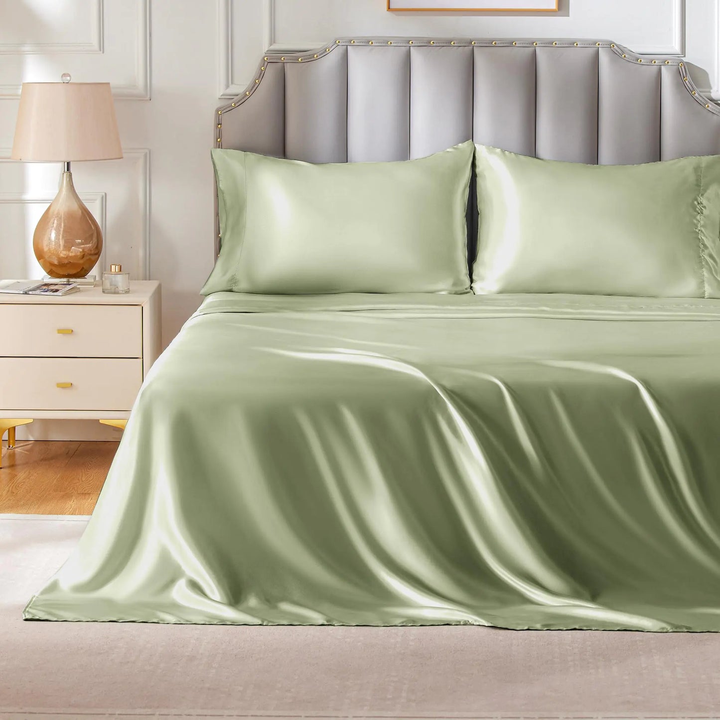 FreshCulture Satin Sheets Full Size Silky Soft Satin Bed Sheets 4 Psc Sage Satin Sheets with Deep Pocket Similar to Silk Sheets Luxury Silk Feel Satin Full Sheets Set Sage