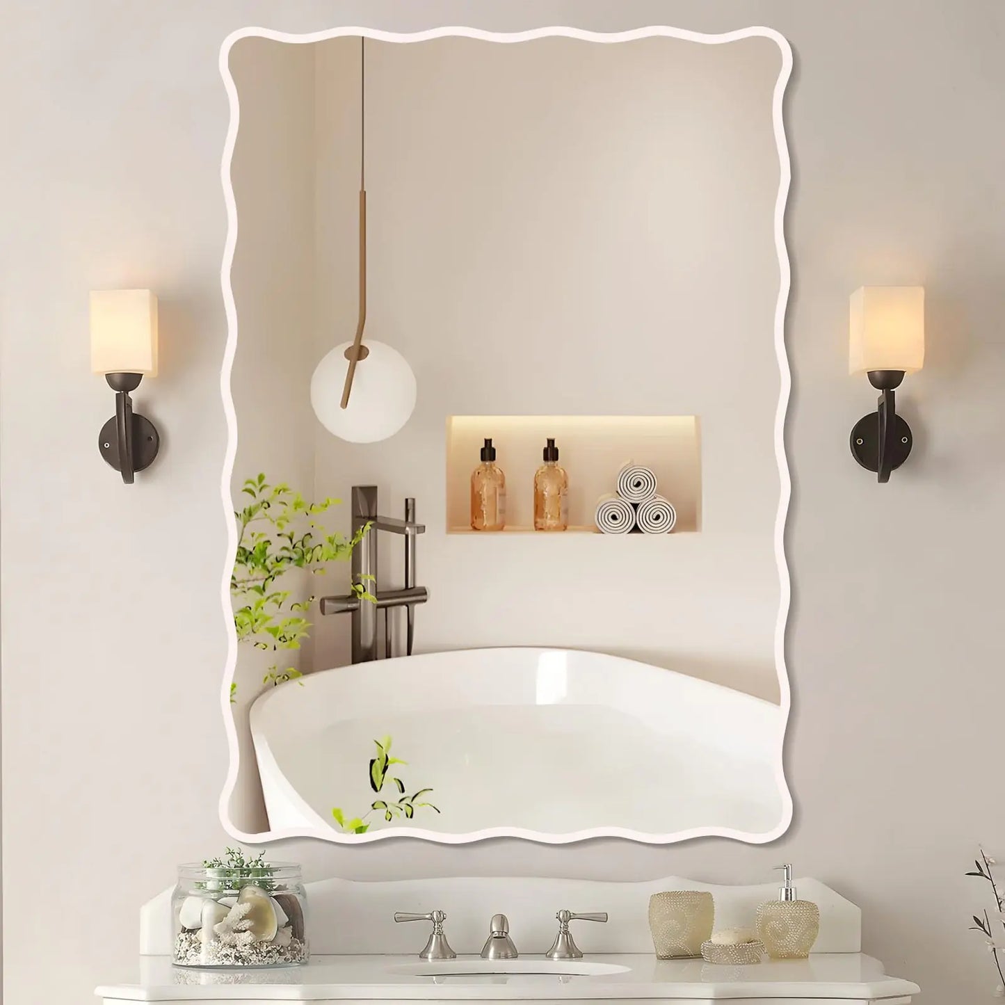 FUWU HOME White Wavy Bathroom Mirror 28" x 40" Rectangle Scalloped Mirror for Wall Decor Bathroom Vanity Bedroom Living Room Entryway (White)