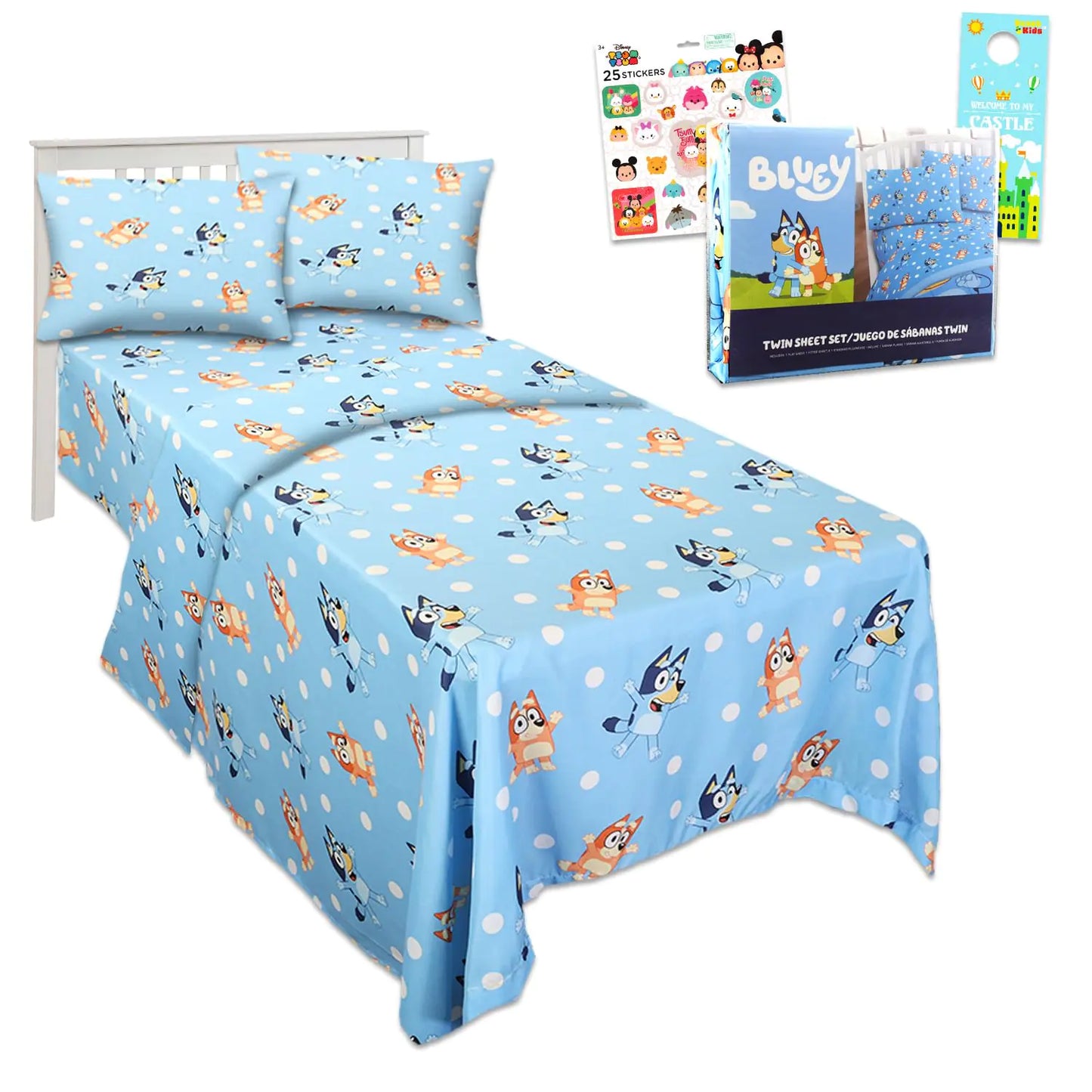 Bluey Bedding Set Twin Bed - Bundle with Bluey Bed Sheets with Flat Sheet Fitted Sheet and Pillowcase for Twin Bed Plus Stickers More | Bluey Sheets Twin for Boys Girls