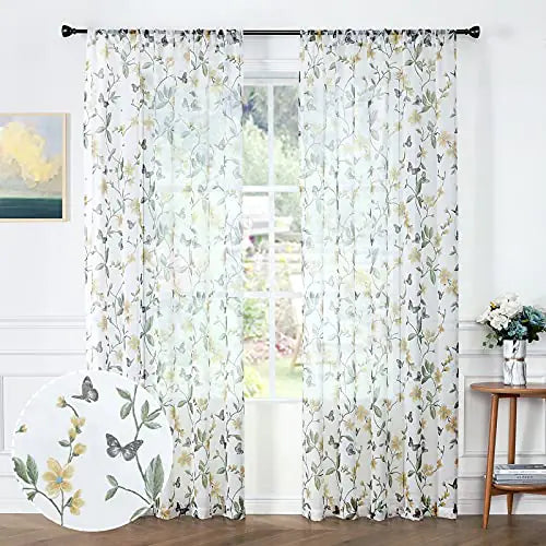 Tollpiz Sheer Floral Curtains Yellow Flower Butterfly Printed Bedroom Curtain Rod Pocket Voile Faux Linen Window Curtains for Living Room 54 x 63 inches Long Set of 2 Panels