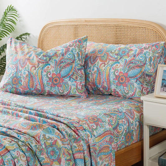 Zusbest California King Floral Sheets 100% Cotton Pink Green Paisley Bed Sheet Set Watercolor Bedding Luxury Soft Breathable Crispy Cooling Percale Sheets 17.5 Deep Pocket Sheets Cal King 4 Pieces